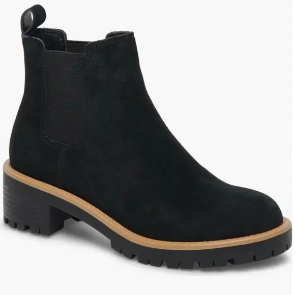 Waterproof Blondo Black Suede Ankle Booties with Tan Sole - Picture 1 of 12